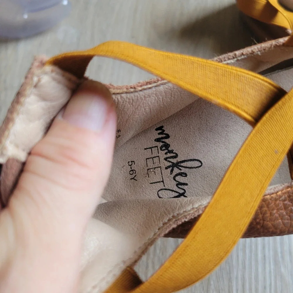 Monkey Feet Girls Ballet Flats 5-6Y Tan Leather Mustard Elastic Boho Mary Jane
